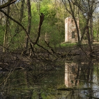 Widok w kierunku północnym na domek stróża