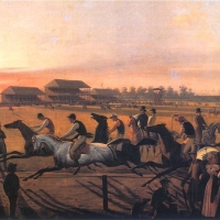 Pierwsze wyścigi konne na Polu Mokotowskim. Obraz namalował January Suchodolski. 
