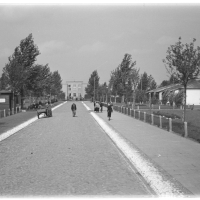 Fotograf stoi na ulicy Marcelińskiej, w oddali widoczny jest budynek na pl. Annopolskim